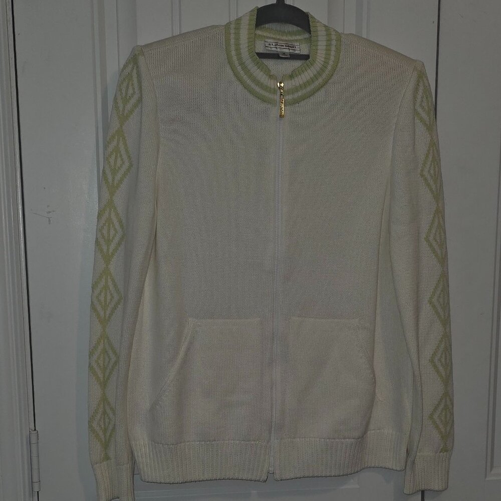 St John Sport White & Green Accent Zip Knit Cardigan Sweater - Woman's Size M
